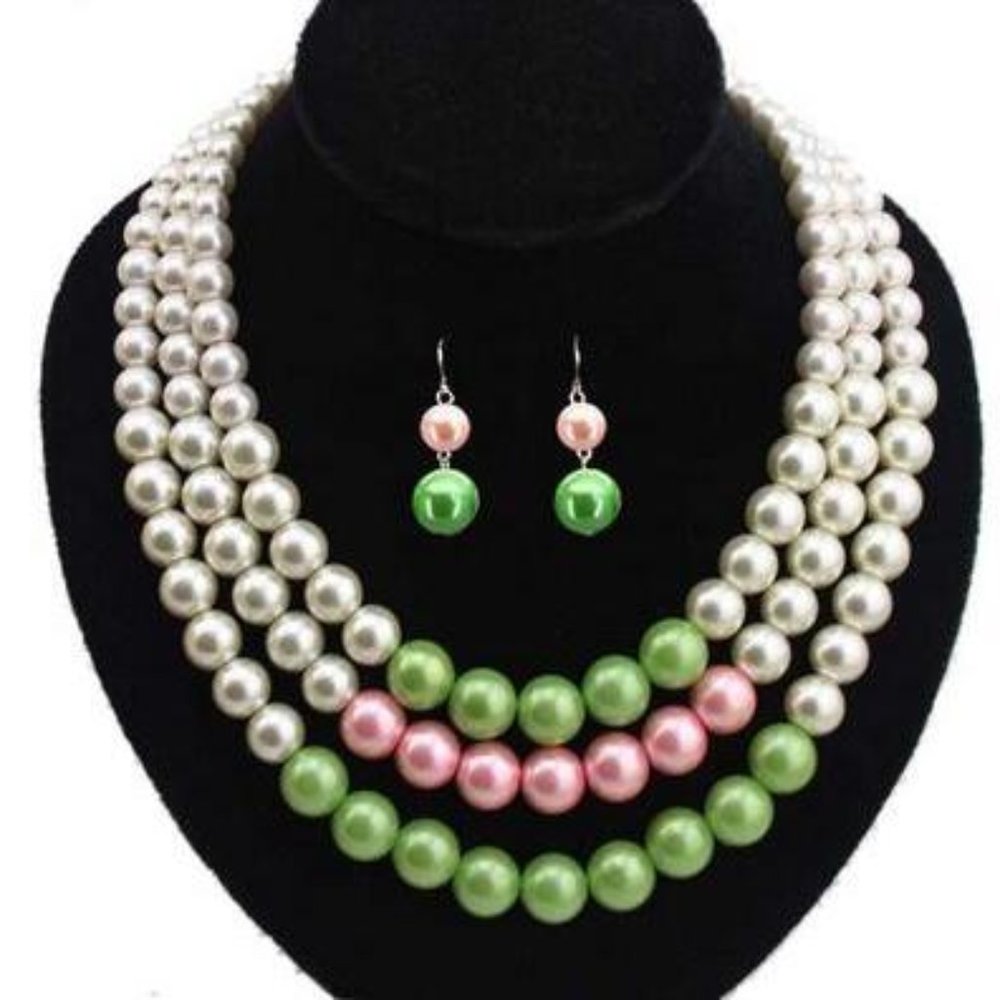 Sorority Pink & Green Pearl Necklace & Earring